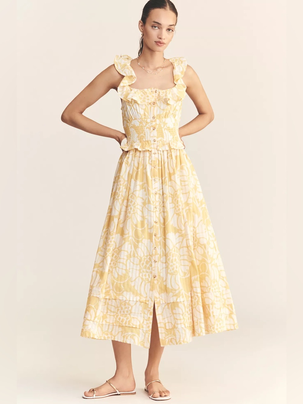 Pilcro Ruffled Smocked Waist Button Front Midi Dress - Picture 1 of 6